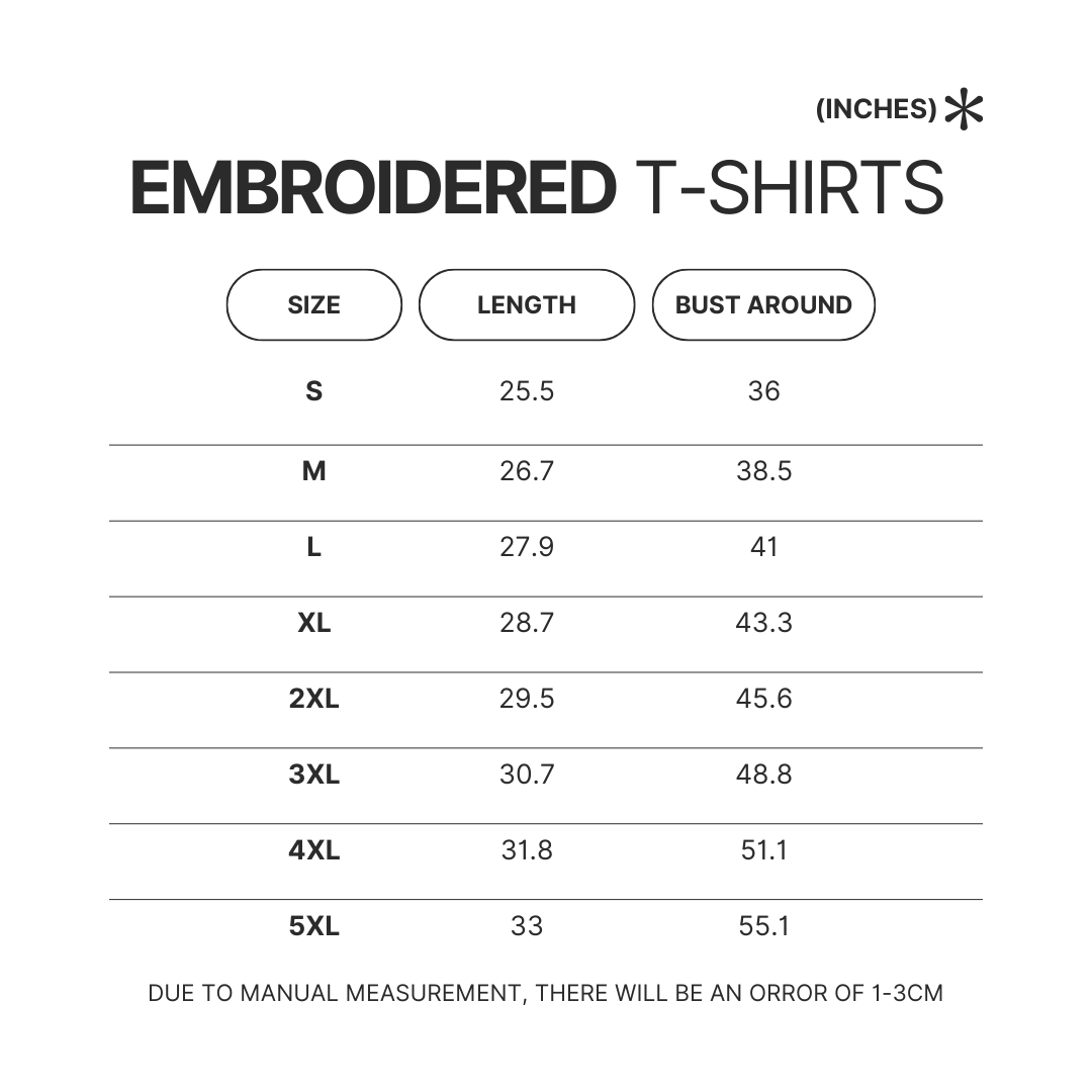 Embroidered T shirt Size Chart - Schnauzer Gifts